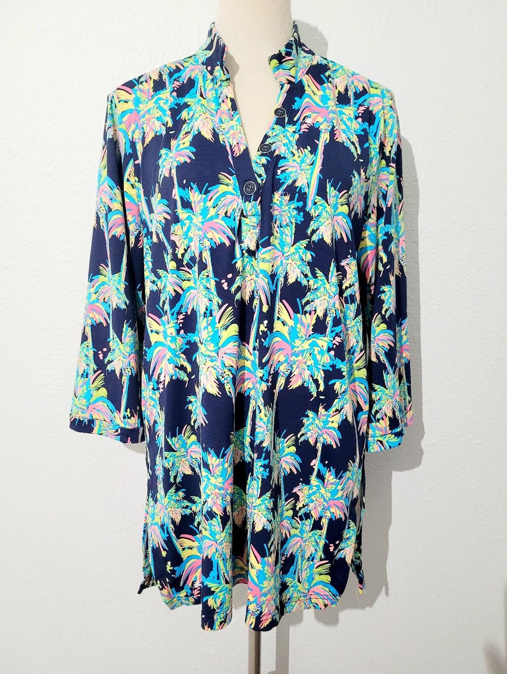 Lulu-B Tropical Palm Print Liquid Knit Tunic Top Large Navy Beach Cover Up - Picture 2 of 12